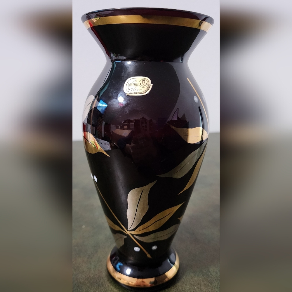 Vintage Bohemia Crystal Vase Black Amethyst Gold & White Paint Czech